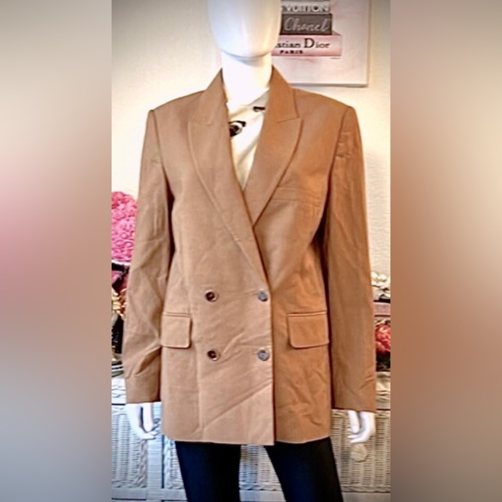 Oroton Double Breast Cotton Blazer Jacket Wide Peak Lapels in Toffee Size 10 NWT - Picture 2 of 11